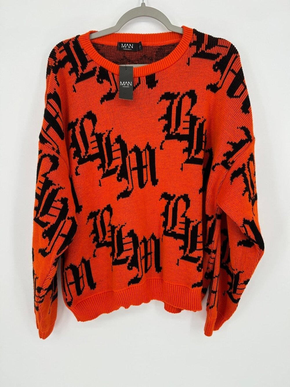 NWT BoohooMAN Orange Black Gothic Knit Sweater Halloween Aesthetic Size L Skater
